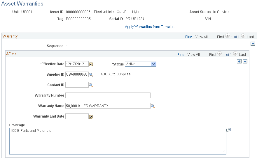 Asset Warranties page