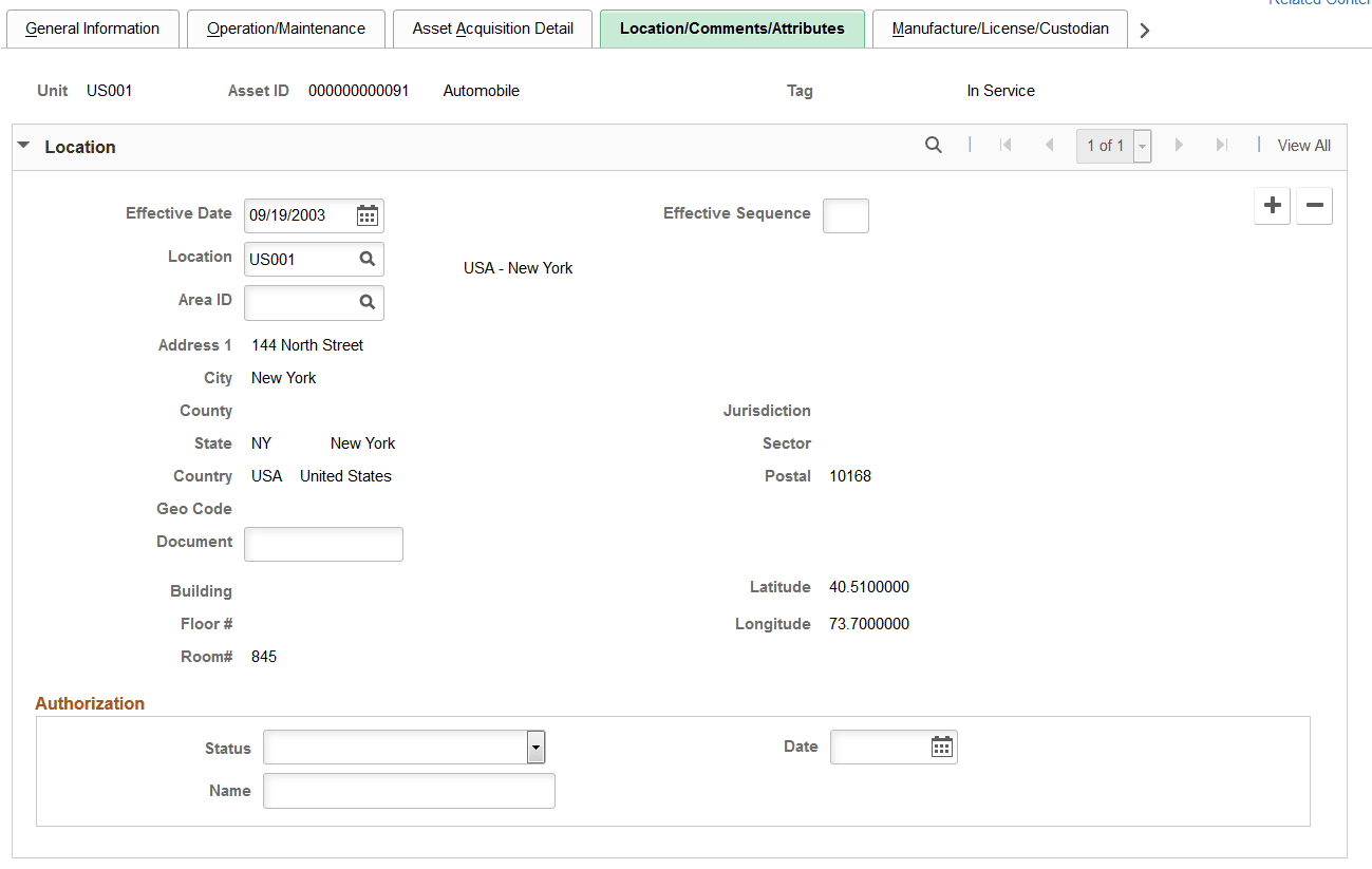 Location/Comments/Attributes page (1 of 3)