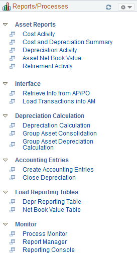 Asset Management WorkCenter - Reports and Processes page