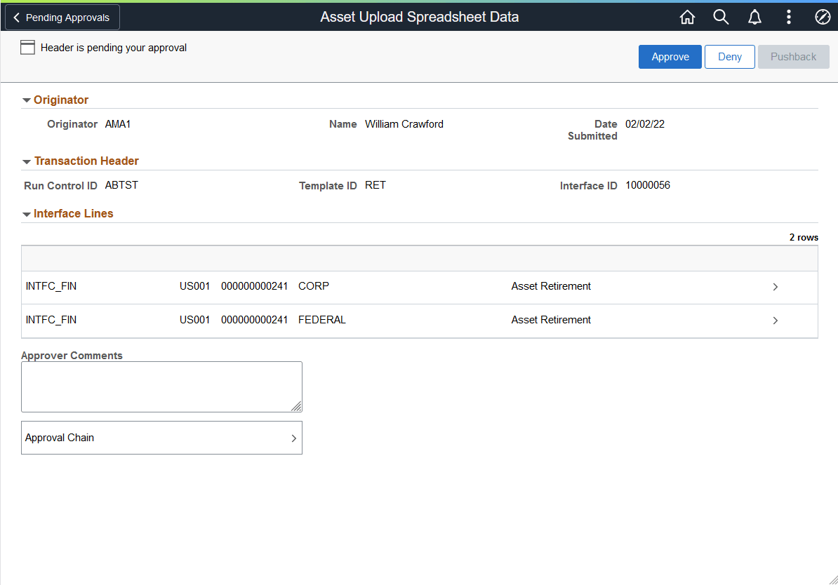 Asset Upload Spreadsheet Data - Approval Header Detail page