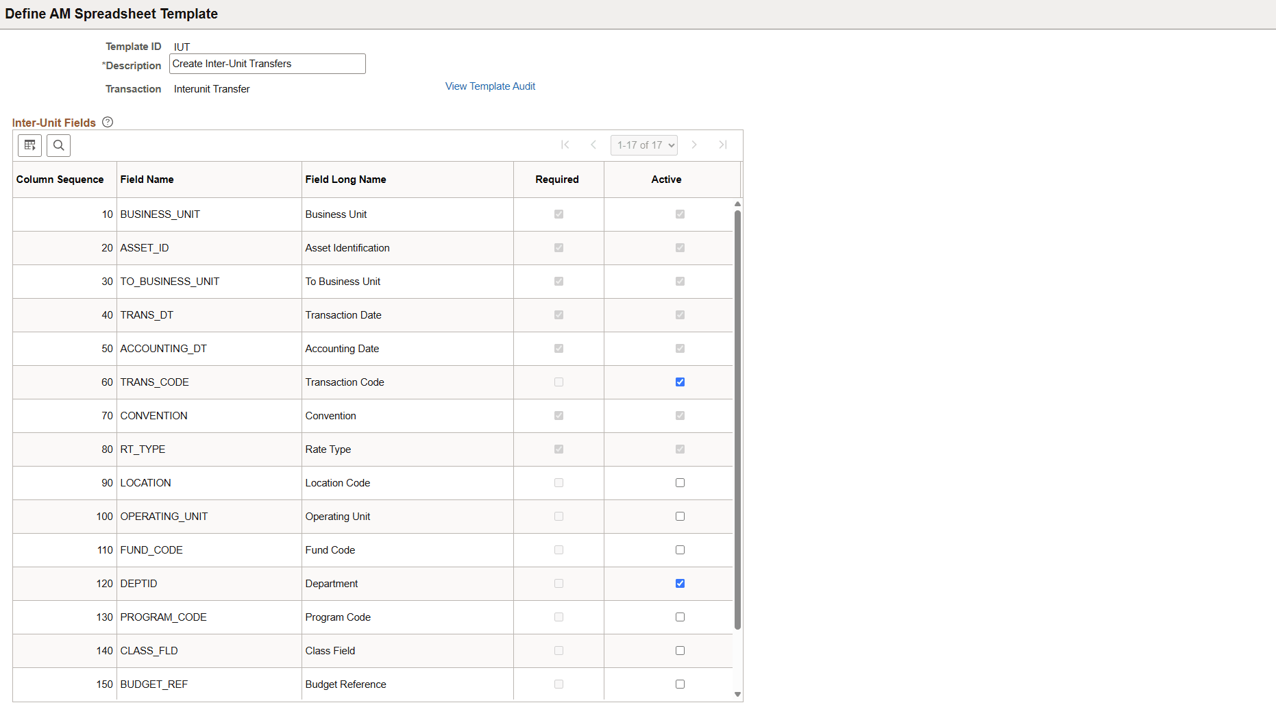 Define Spreadsheet Template Page (Inter-Unit Transfer)
