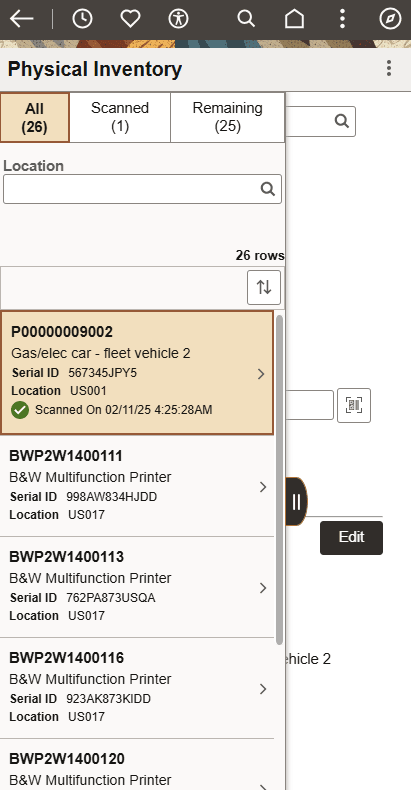 Physical Inventory page-Search result