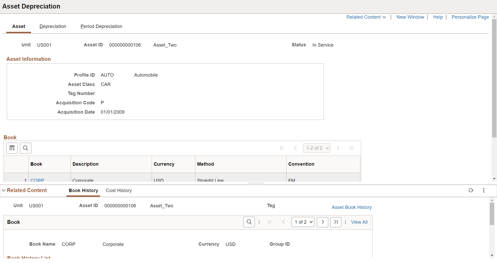 Asset Depreciation - Asset page with Book History Related Content