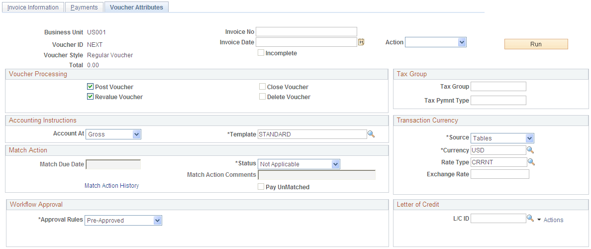 Voucher Attributes page, add mode (1 of 2)