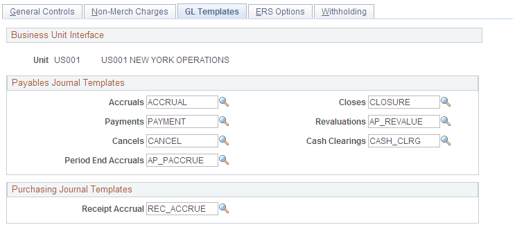 Procurement Control - GL Templates page