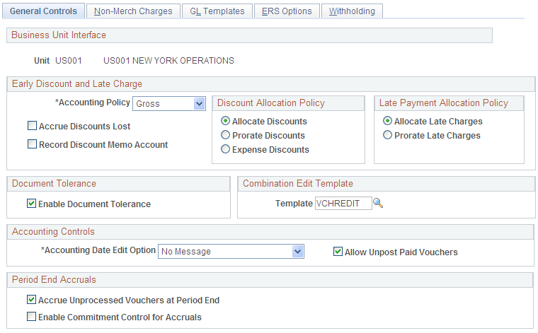 Procurement Control - General Controls page