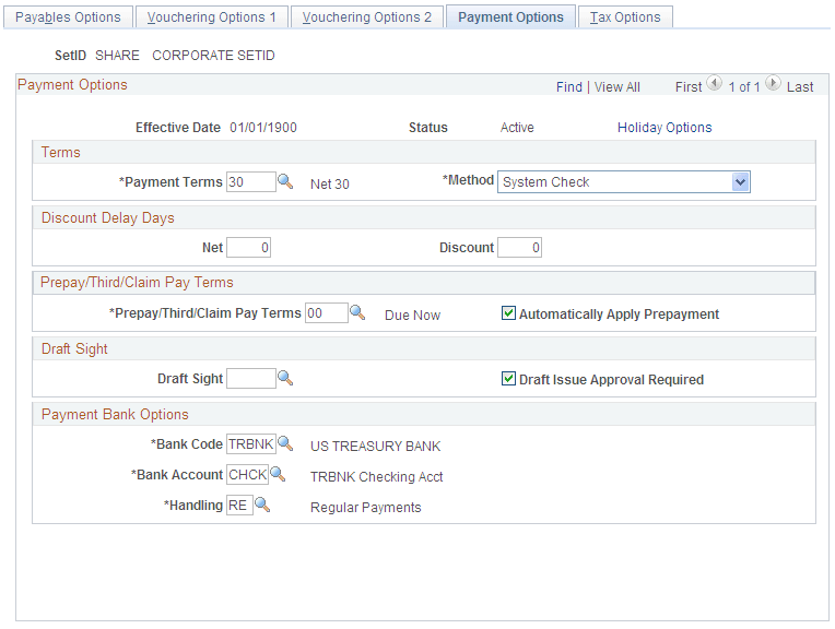 Payables Options - Payment Options page