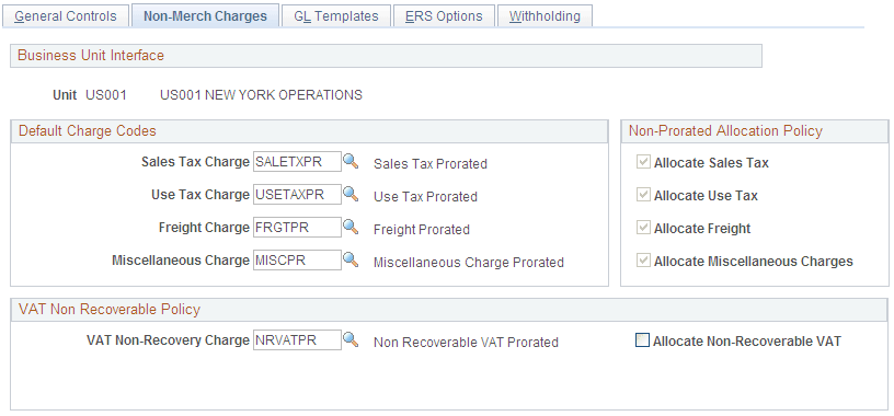 Procurement Control - Non-Merch Charges page