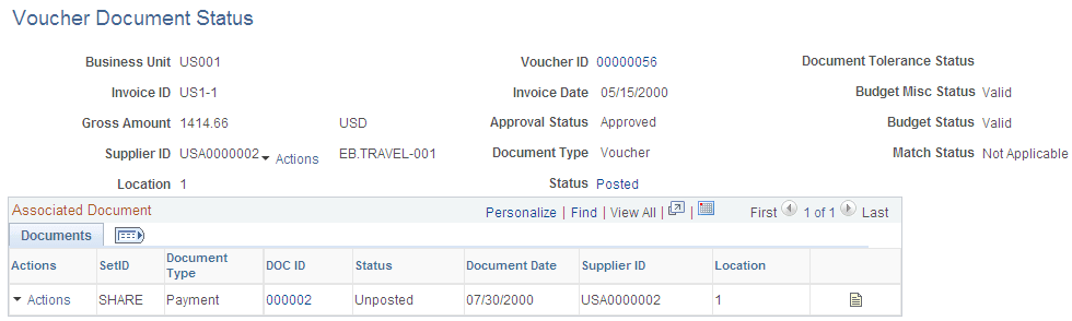 Voucher Document Status page