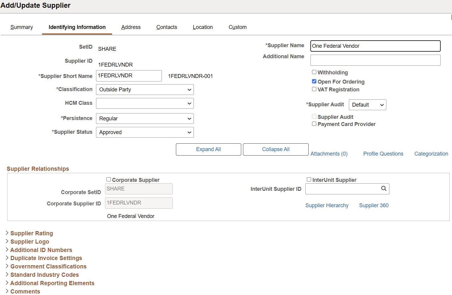 Add Update Supplier Identifying Information