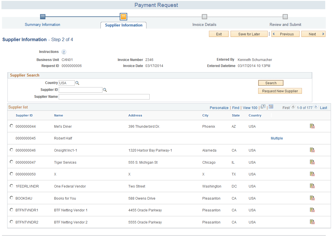 Payment Request - Supplier Information page