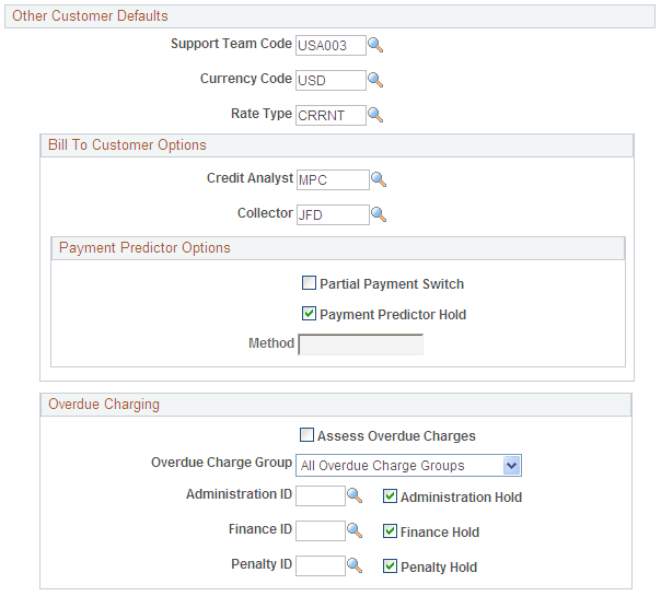 Service Default Values page for Pension Administration customers (2 of 2)