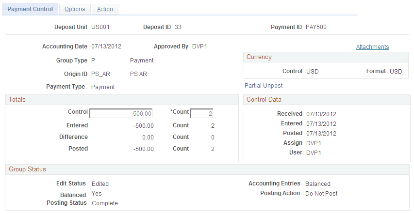Payment Control page
