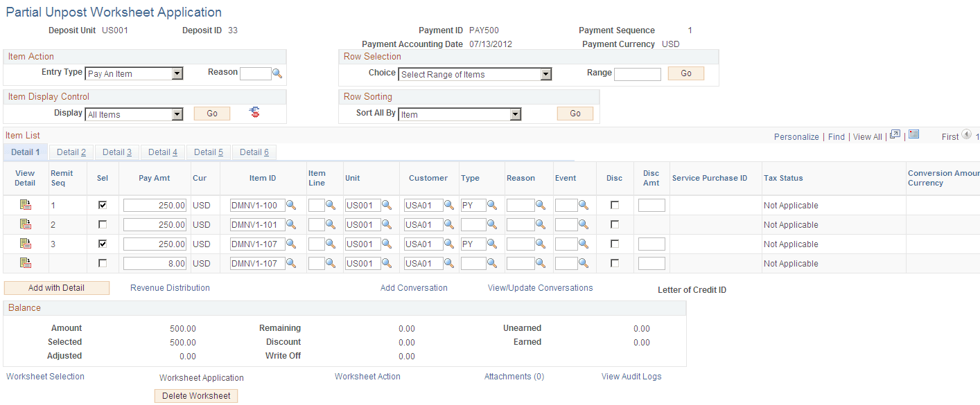Example of Partial Unpost Worksheet Application page