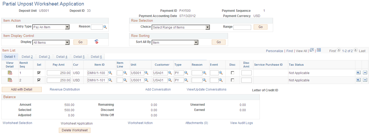 Partial Unpost Worksheet Application page