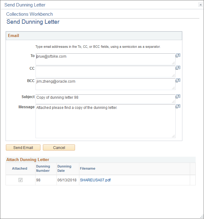 Send Dunning Letter page
