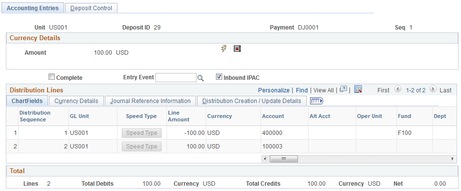 Direct Journal Payments - Accounting Entries page