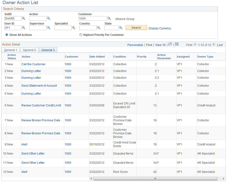 Owner Action List page - General 3 tab