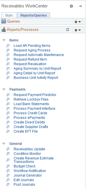 Receivables WorkCenter - Reports/Processes Pagelet (1 of 2)