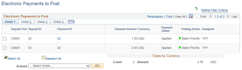 Electronic Payments to Post page - Detail 1 tab