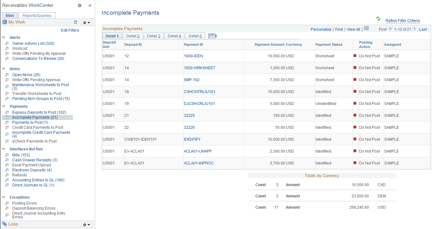 Incomplete Payments page - Detail 1 tab