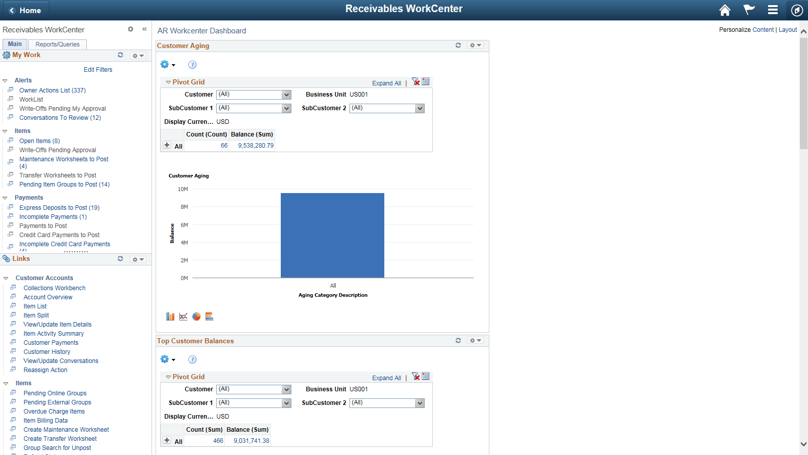 Example of a Receivables WorkCenter home page