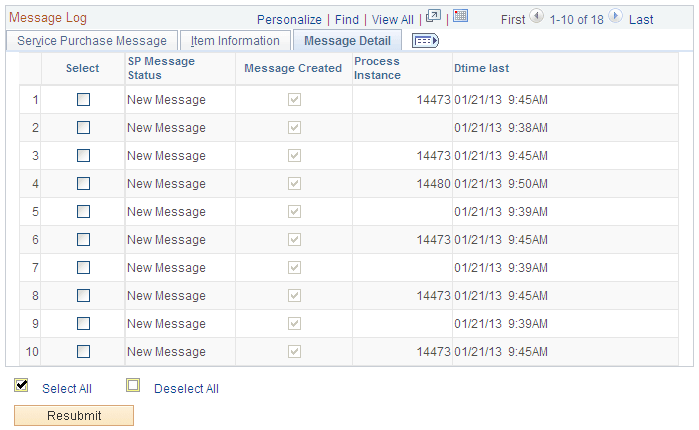 Resubmit Service Purchase Message page - Message Detail tab