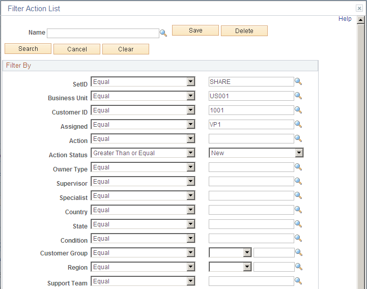 Filter Action List page (1 of 2)