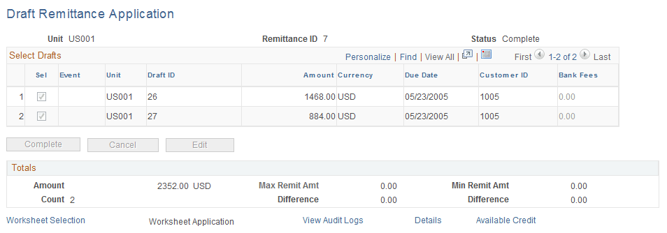 Draft Remittance Application page
