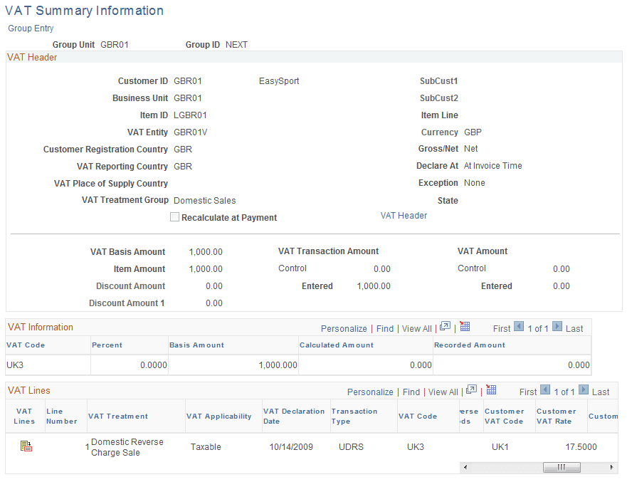 VAT Summary Information page