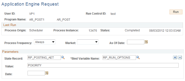 Modifying run parameters for the AR_POST1 process on the Application Engine Request page