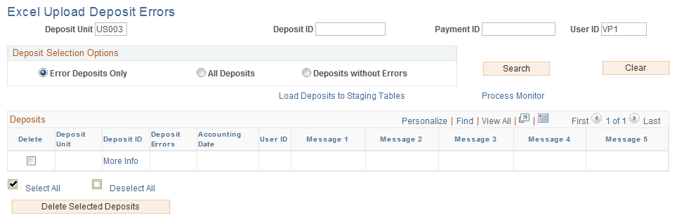 Excel Upload Deposit Errors page