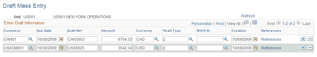Draft Mass Entry page