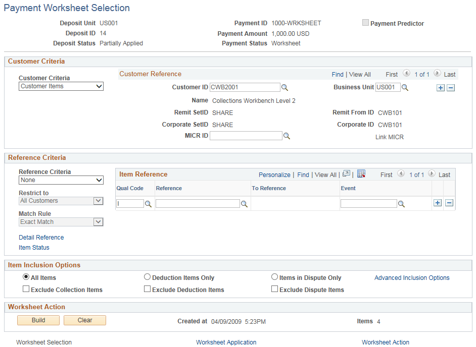 Payment Worksheet Selection page