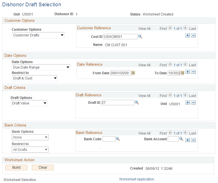 Dishonor Draft Selection page