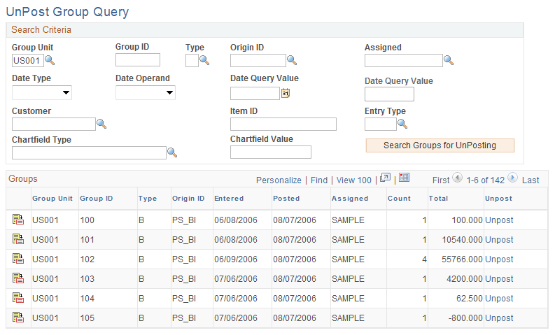 UnPost Group Query page