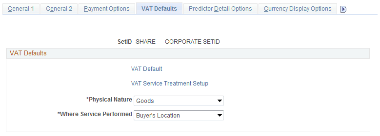 Receivables Options - VAT Defaults page