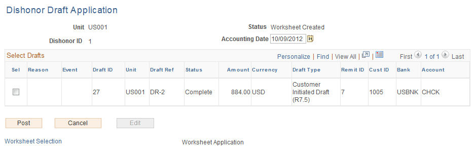 Dishonor Draft Application page