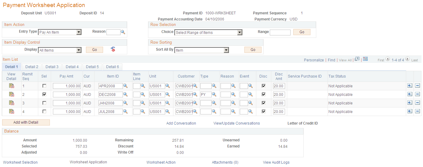 Payment Worksheet Application page