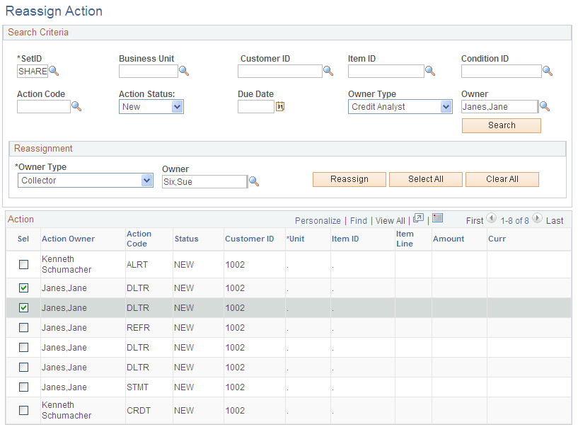 Reassign Action page