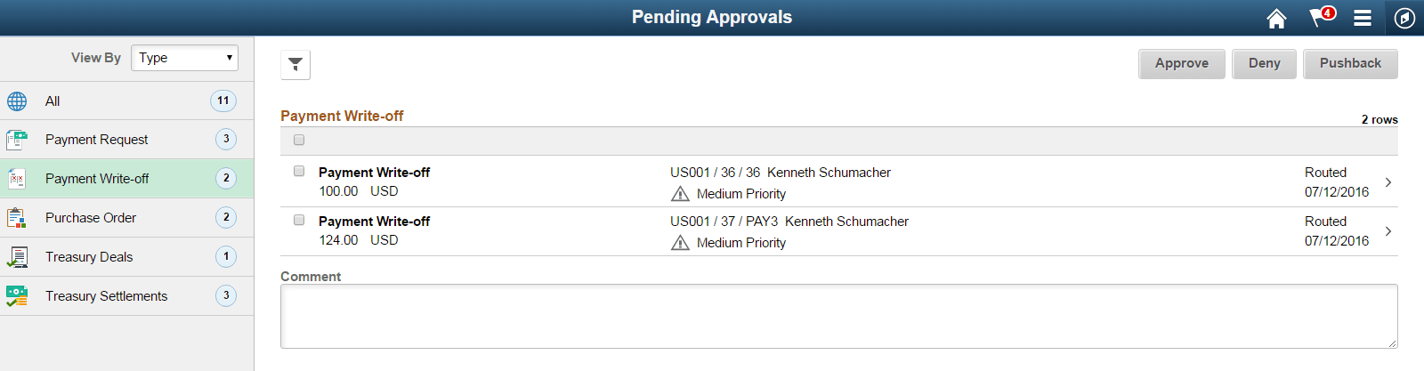 Payment Write-Off - Pending Approvals page (LFF)