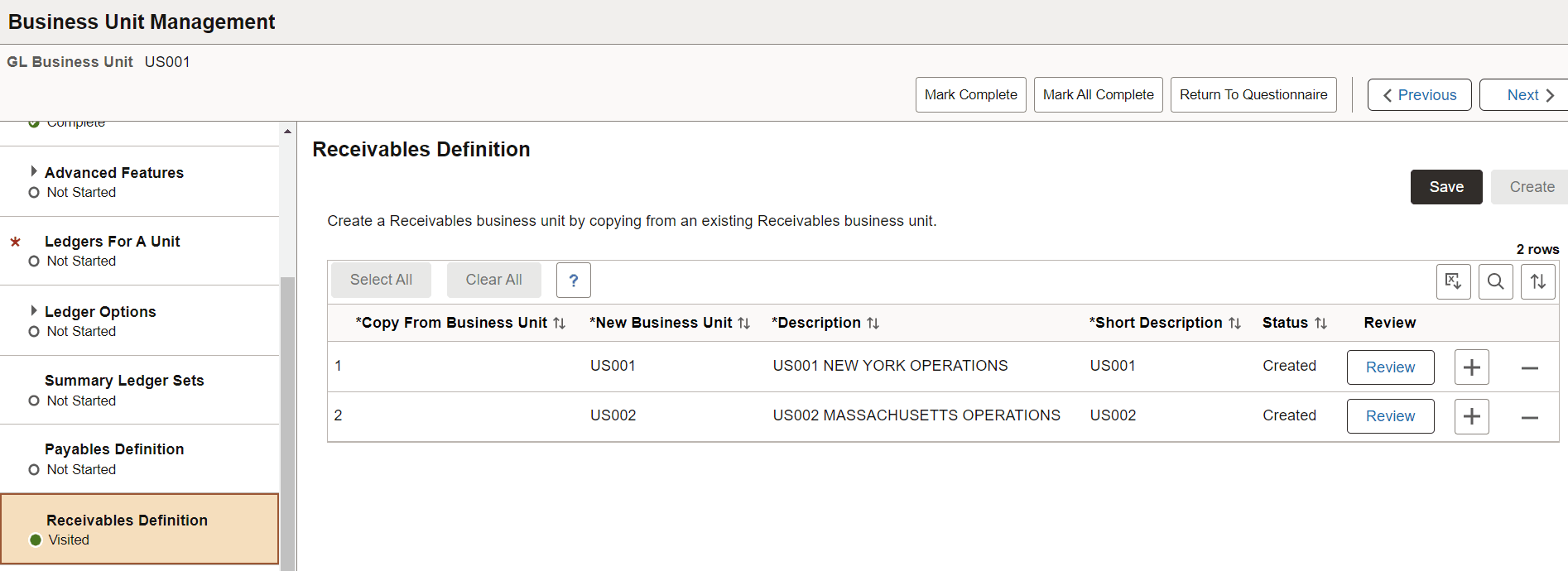 Business Unit Management - Receivables Definition page