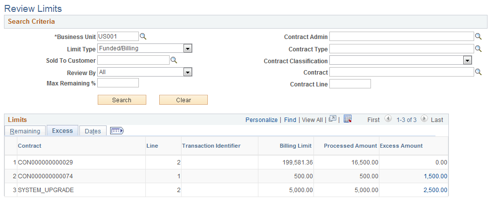 Review Limits - Excess Page