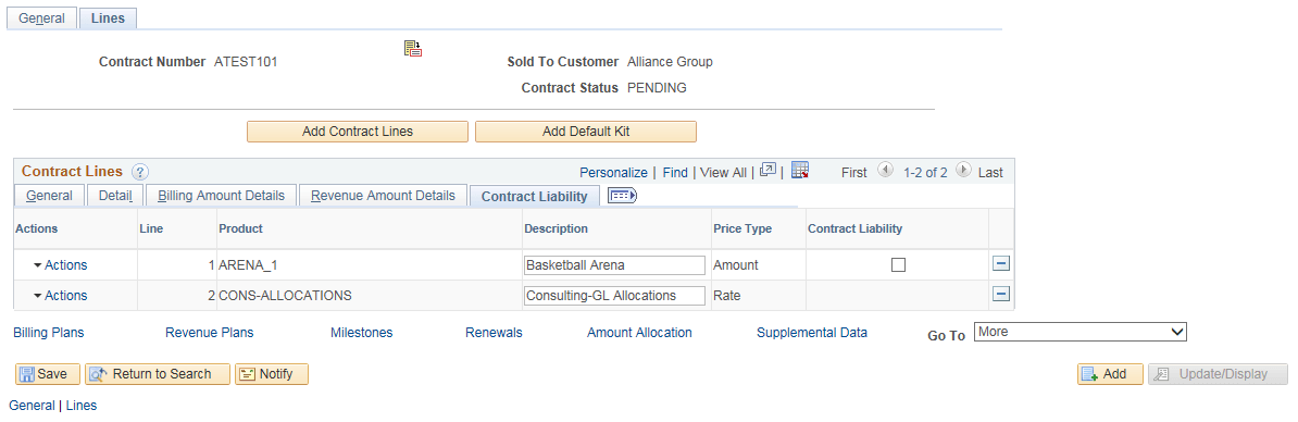 Contracts - Lines - Contract Liability page