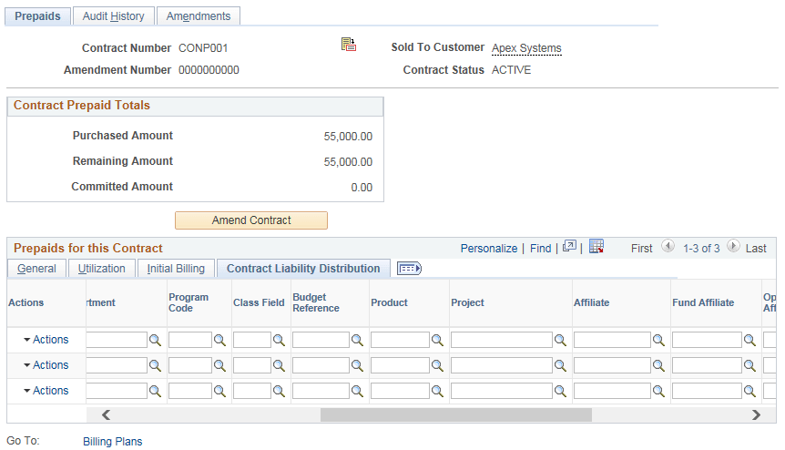 Prepaids page - Deferred Revenue Distribution - PC ChartFields tab