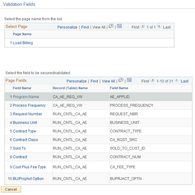 Validation Fields page