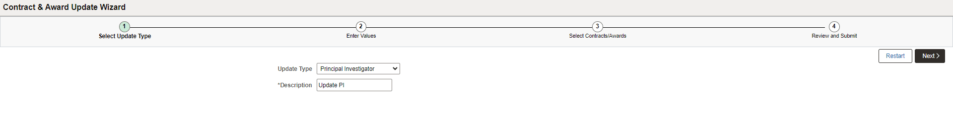 &Contract & Award Update Wizard - Select Update Type page
