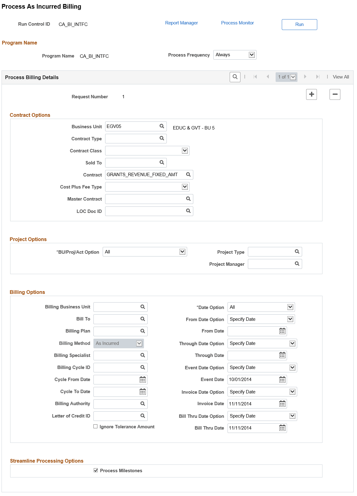 Process As Incurred Billing page