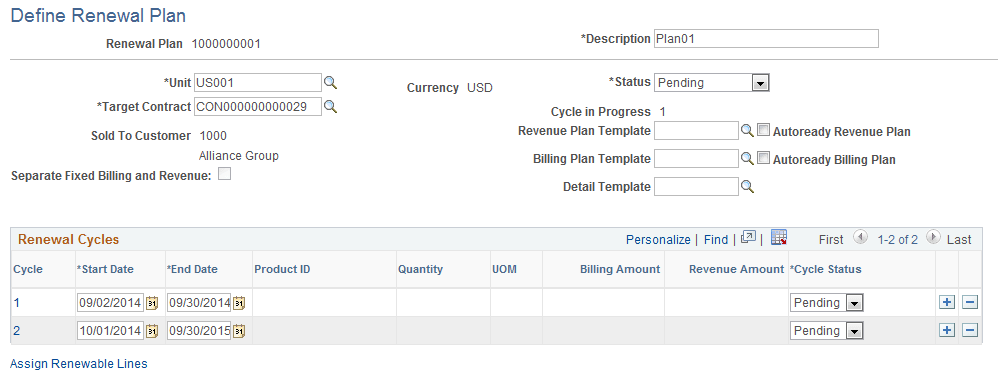 Define Renewal Plan Page