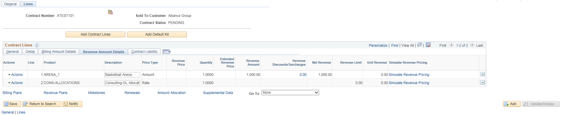 Contracts Lines - Revenue Amount Details page
